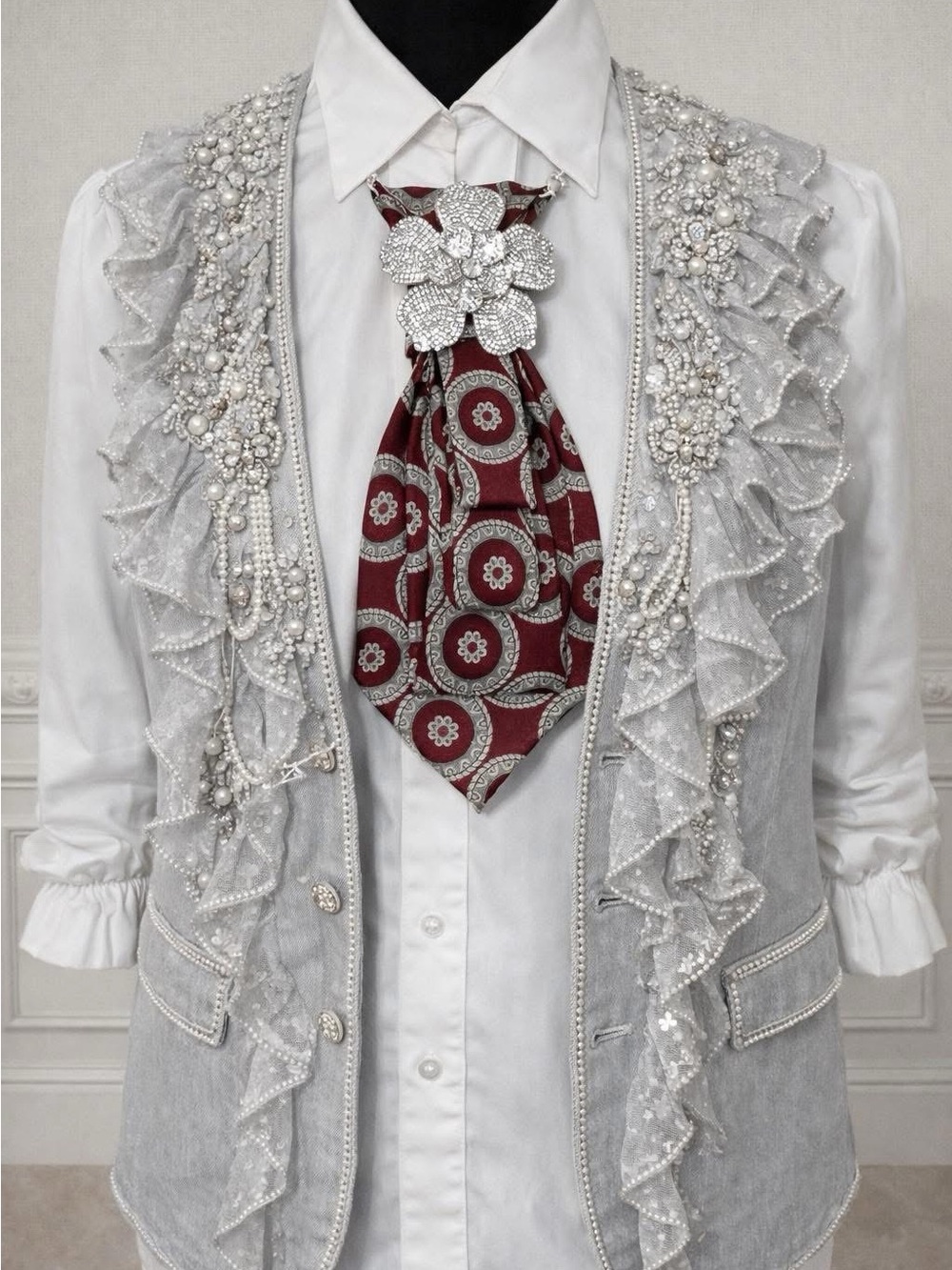 OOAK Vintage John Blair Necktie Necklace Lg. Embellished Brooch and Chain